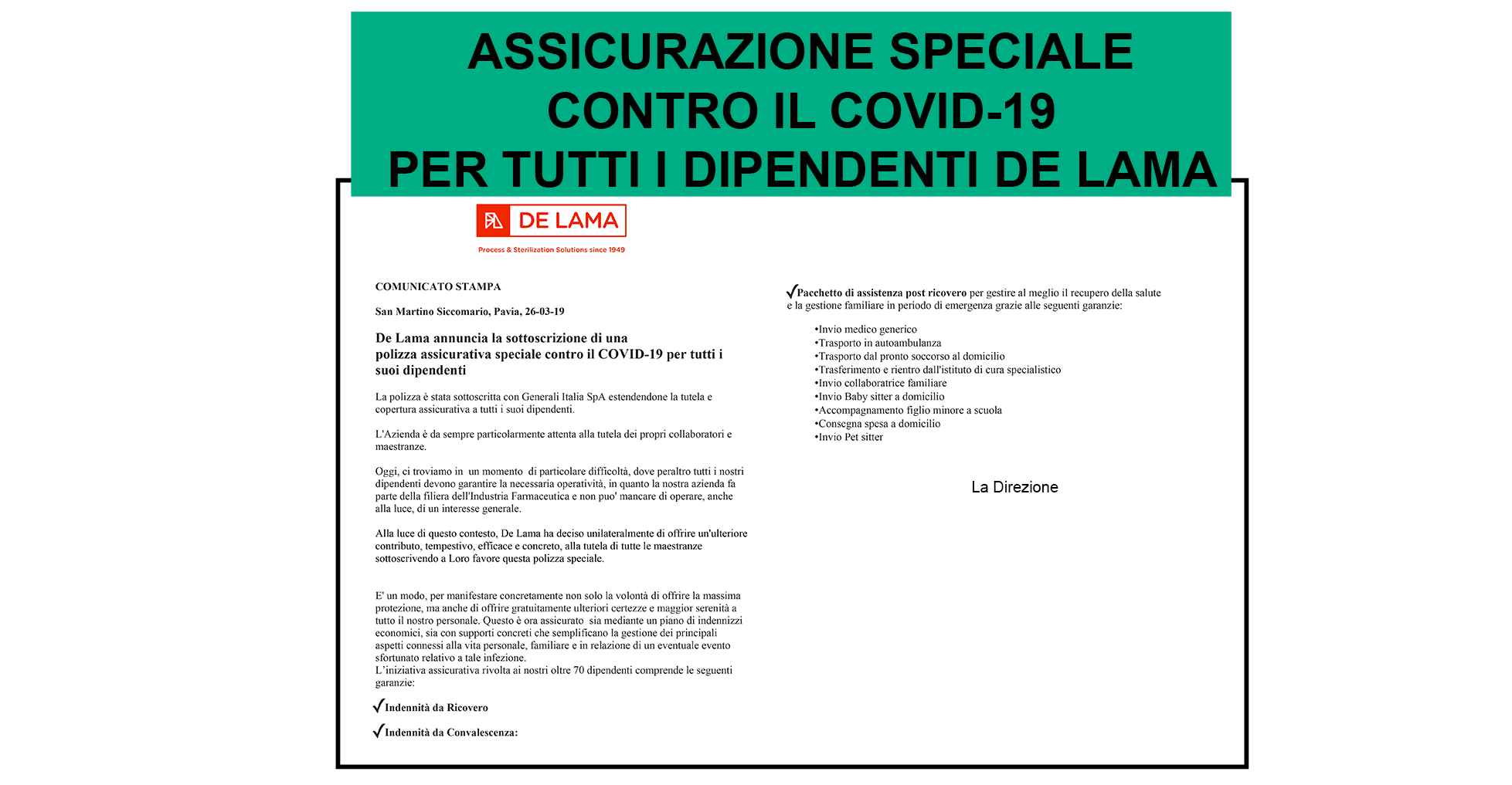 De Lama annuncia la sottoscrizione di una polizza assicurativa speciale contro il COVID-19 per tutti i suoi dipendenti