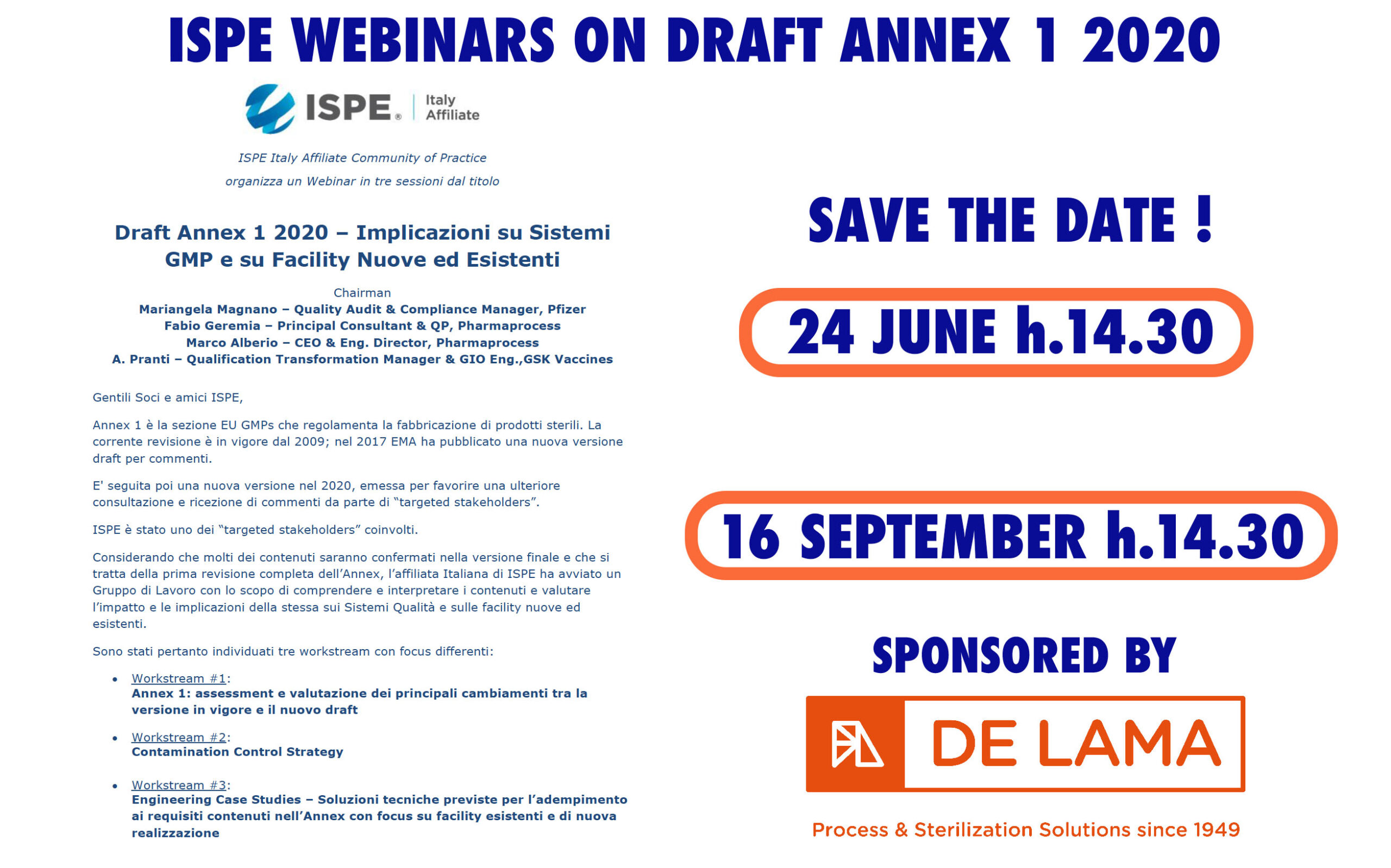ISPE WEBINAR – ANNEX 1 2020 (DRAFT). Sponsored by De Lama