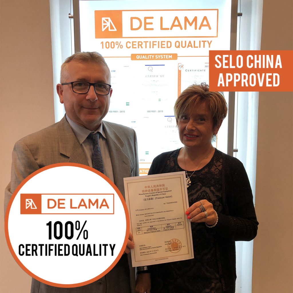 De Lama gets the SELO Chinese Certificate for sale of pressure equipments in China