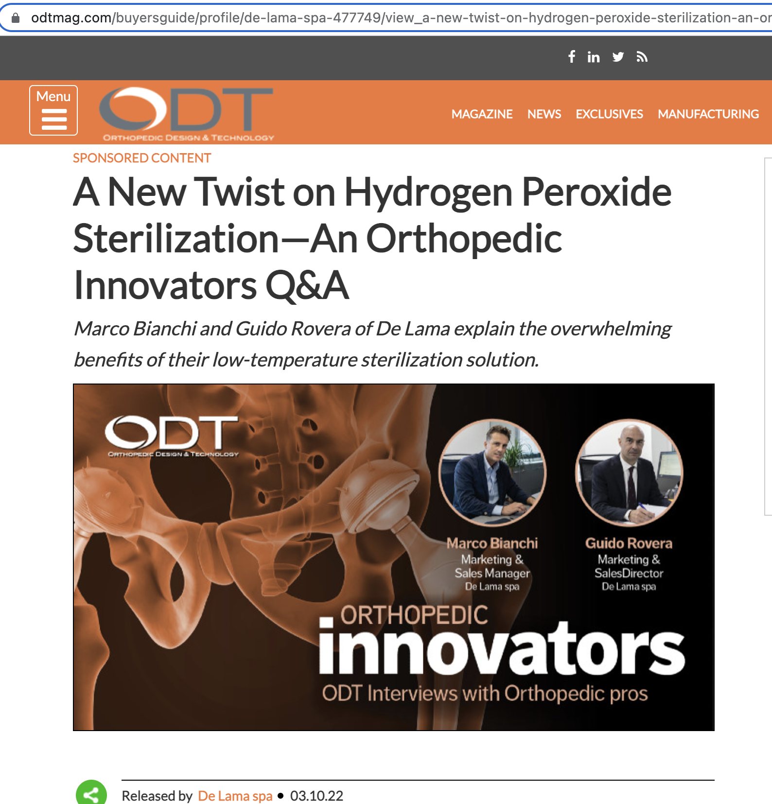 DE LAMA, INTERVIEW ON ODT MAGAZINE. A new twist on Hydrogen Peroxide Sterilization – An Orthopedic Innovators Q&A